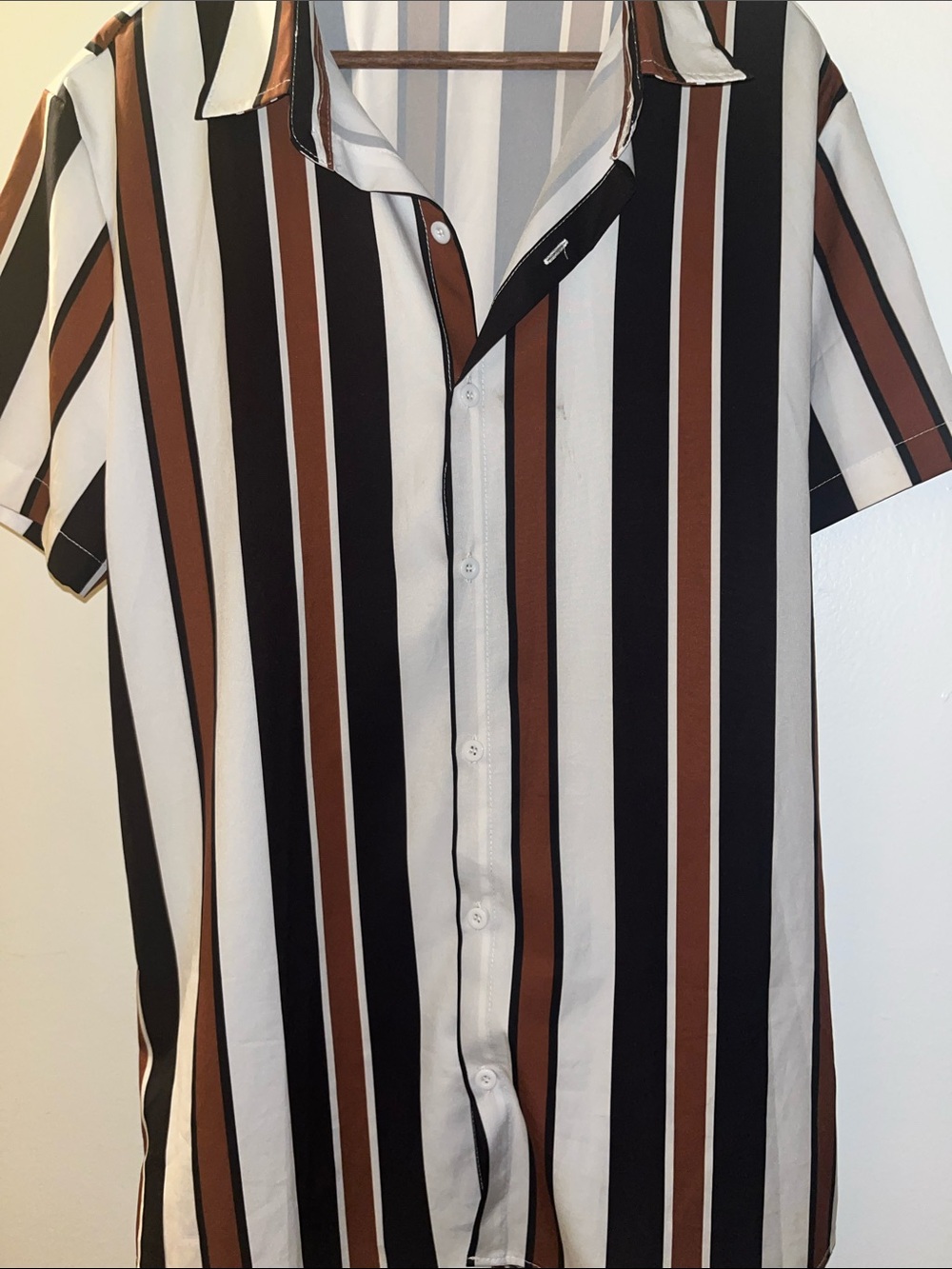 Men's Vertical Stripe Short-Sleeve Shirt - Black, White & Brown